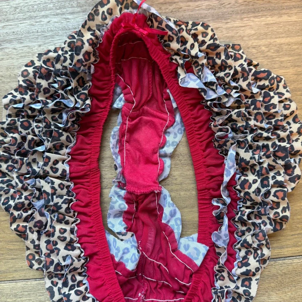 Red Leopard Print Ruffle Mesh Cheeky Panties Low Rise Animal Print Size M